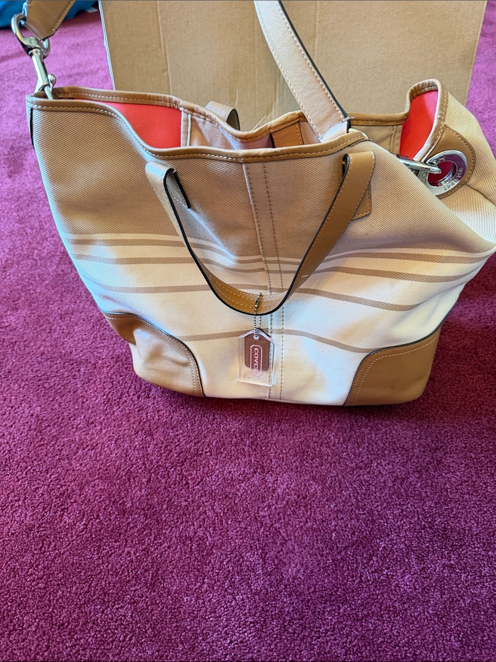 Coach Beige and Tan Stripe Canvas Tote with Coral Accent